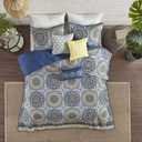 Madison Park Tangiers Quilt Modern Classic Design All Season, Breathable Coverlet Lightweight Bedding Set, Matching Shams, Decorative Pillow, Full/Queen(90"x90"), Circle Blue 6 Piece