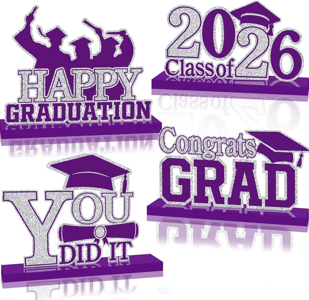 4Pcs Graduation Decorations Class of 2026 Wood Table Centerpieces Congrats Grad Wooden Sign Graduation Table Toppers Congratulate Tiered Tray Decor for 2026 Graduation Party (Purple-Silver)