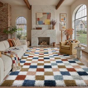 PureCozy Checkered Rug 8x10 for Living Room, Modern Rainbow Shag Rug Washable Non-Slip Large Area Rug Super Soft Indoor Fuzzy Carpet Fluffy Rugs for Bedroom Home Aesthetic Decor