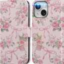 DEENAKIN for iPhone 15 Wallet Case with Card Holder + Cash Clip, RFID-Blocking, Military-Grade Drop Protection & UV-Printed Artwork, Magnetic Closure with Leather Kickstand - Pink Rose and Bows