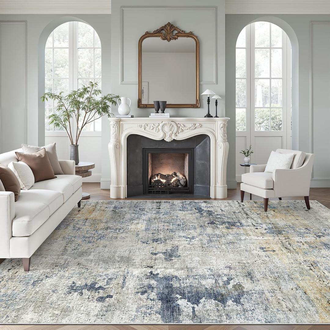 Soalmost Abstract Rug 8x10 Large Living Room Rugs Neutral Modern Washable Area Rugs for Bedroom Dining Room Non-Slip Stain Resistant Foldable Thin Rug Blue Yellow