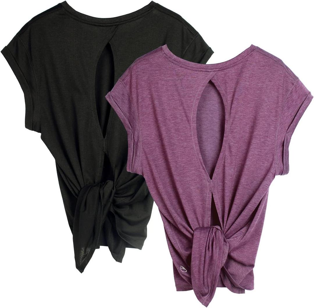 icyzone Open Back Workout Top Shirts - Yoga t-Shirts Activewear Exercise Tops for Women(Pack of 2) (Small, Black/Grape)