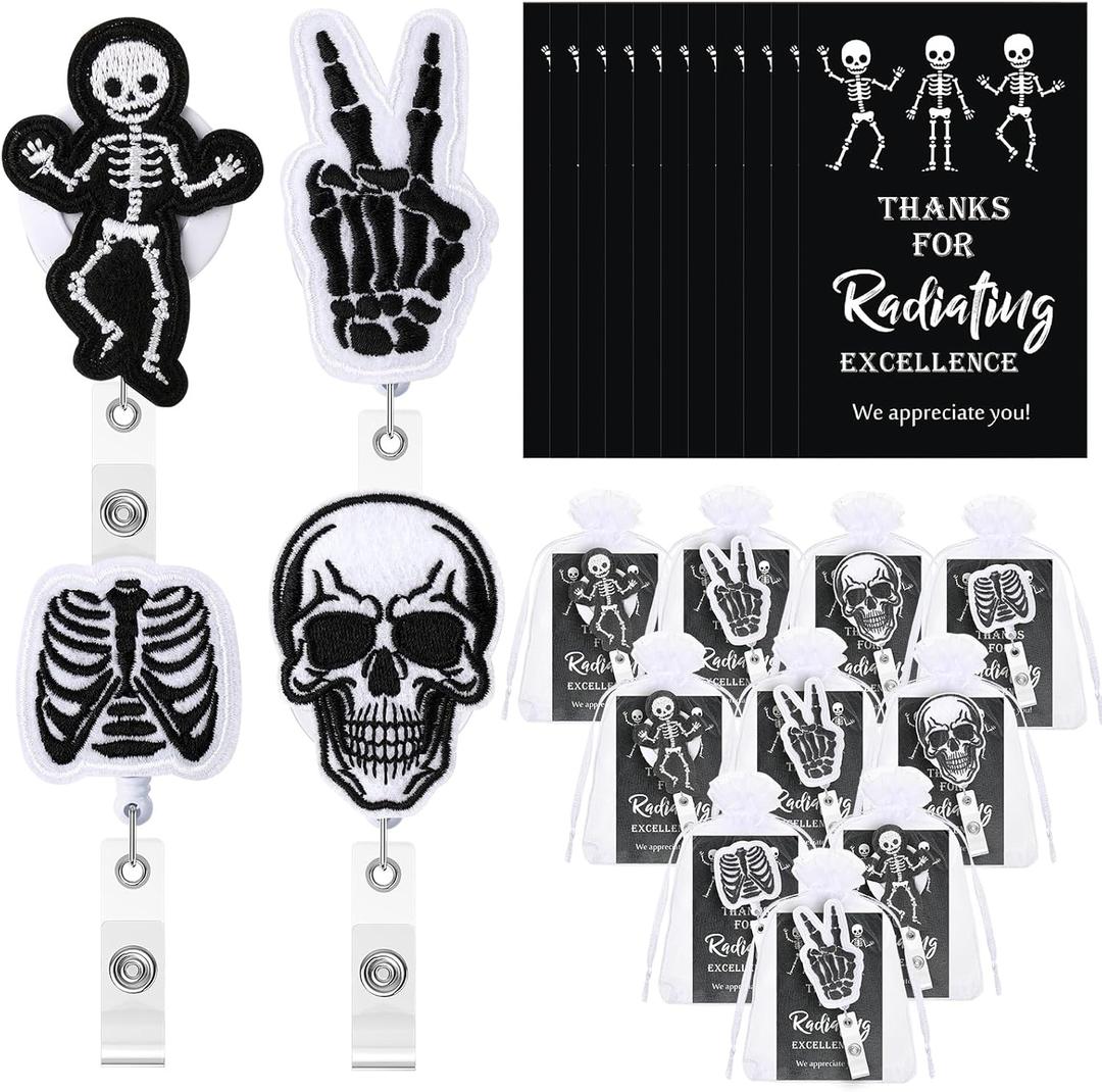 Geyoga Xray Badge Reelsradiology Gifts Bulk Retractable Funny Skeleton ID Holder Clips with Cards Organza Bags for Nurse Doctor Nursing Student(Black,10 Sets)