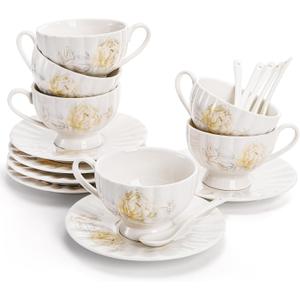 WRINGKIT Tea Cups and Saucers Set of 6, 7 Oz Floral Tea Cups, White Porcelain Tea Cup with Saucer, British Coffee Cups Sets for Women Teas Party, Cappuccino, Latte, Microwave Safe