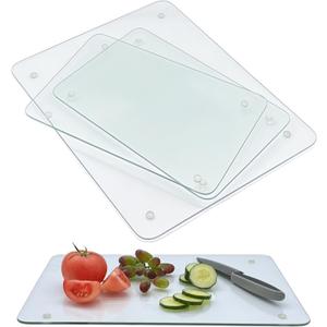Set of 4 Tempered Glass Cutting Boards for Kitchen, Clear Chopping Board with Non-slip Rubber Feet for Countertop, Rectangle Chopping Block Long Lasting Shatter-Resistant Heat-Resistant, 2 Size