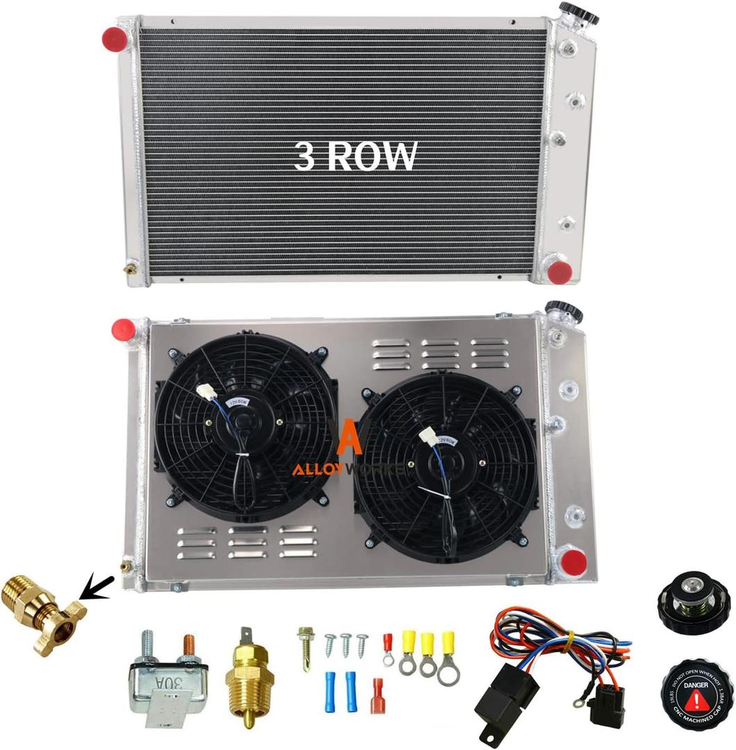 ALLOYWORKS 3 Row Full Aluminum Radiator + 2X12" Fans Shroud + Relay For 1977-1987 Chevy Nova C/K/G/P 10 20 30 40, Buick Century Skylark1977-1980 GMC C/K/G 15 25 35 1500 2500 3500 Suburban Radiators