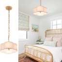 VILUXY Farmhouse Chandelier White Linen Fabric 4 Lights Pendant Light Flower Round Drum Chandelier with Gold Light Fixture for Bedroom Dining Room Living Room