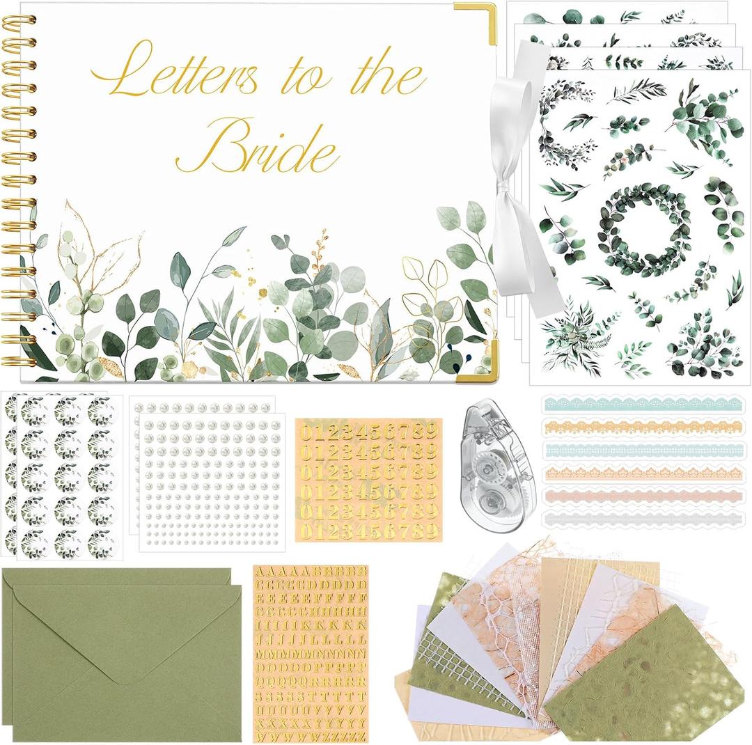 Wedding Guest Book Letters to The Bride Scrapbook Wedding Memory Book Bridal DIY Blank Paper Scrapbook Photo Album Guest Sign with Pearl Stickers(10.5 x 8.25 Inch,Eucalyptus,Green)
