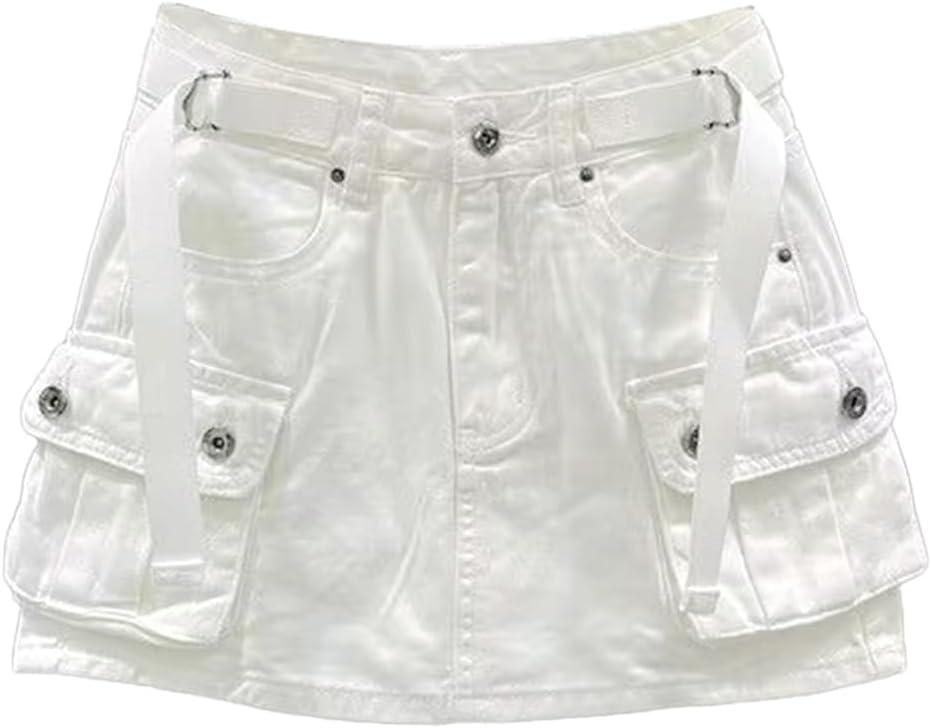 Kinghua Womens Mini Cargo Skirt Low Waist Y2k Short Denim Jean Skirt (Small, White)