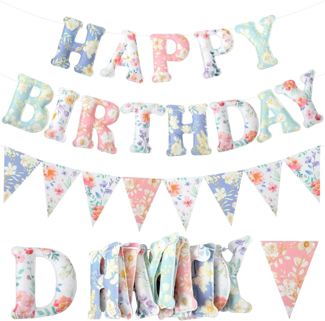2 Pcs 8 ft Felt English Garden Birthday Banner Pre-Strung Floral Happy Birthday Decoration Triangle Bunting Banner Reusable Felt Garden Garland Decor for Party Photo Prop Home Backdrop