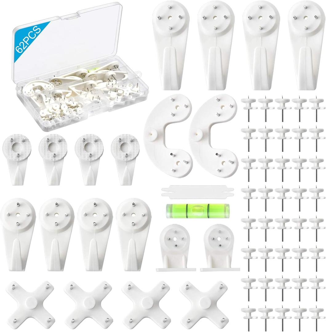 Picture Hanging Kit, 62PCS Concrete Wall Hard wall Hangers for Cinder Block, Picture Hanger, No Damage Wall Hooks for Photo Frame Art Painting Non-Trace Drywall Stucco Concrete Hooks