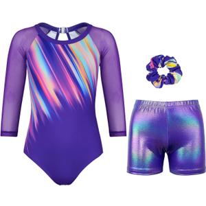 Gymnastics Leotards for Girls With Shorts Sparkly Ballet Dance Long Mesh Sleeve