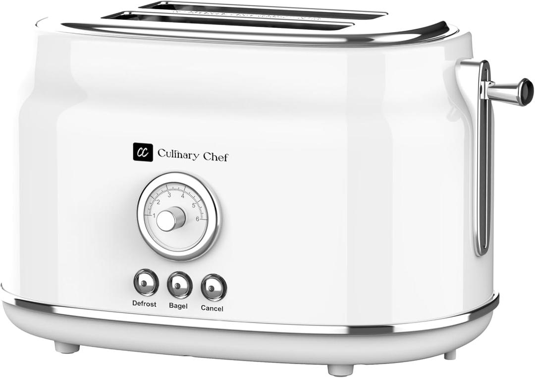 2 Slice Toaster, Retro Style, Wide Slot for Bread, English Muffins, Croissants, and Bagels, 6 Adjustable Toast Settings, Cancel and Defrost, 900w, White