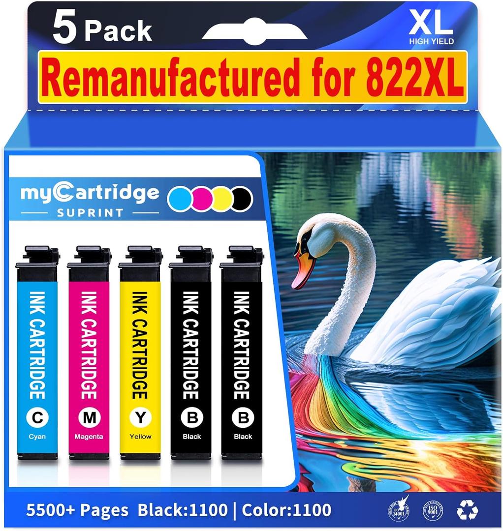 822XL Ink Cartridges Remanufactured Replacement for Epson 822XL Ink Cartridges 822 XL for Epson WF-3820 Printer WF-4820 WF-4830 WF-4833 WF-3823 Printer 5 Pack 822XL