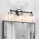 Bathroom Lighting Fixtures Black and Brushed Nickel Bathroom Vanity Light with Cylindrical Clear Stripes Glass Lampshade E26 Socket Base Bathroom Lighting Fixtures Over Mirror (3 Lights)