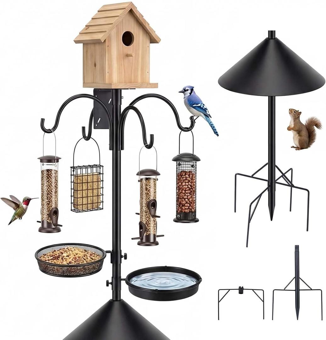 Bird Feeder Pole 4-in-1 with Squirrel Baffle, 92 Inch Metal Bird Feeders for Outdoors, Bath, Food Tray, 4 Hooks and Holds Cage