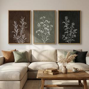 Framed Boho Botanical Wall Art for Living Room, 3 Piece Rustic Floral Canvas Painting Prints, Vintage Framhouse Minimalist Neutral Artwork For Bedroom Hallway Dining Room Wall Decor, 24 x 36 Inch