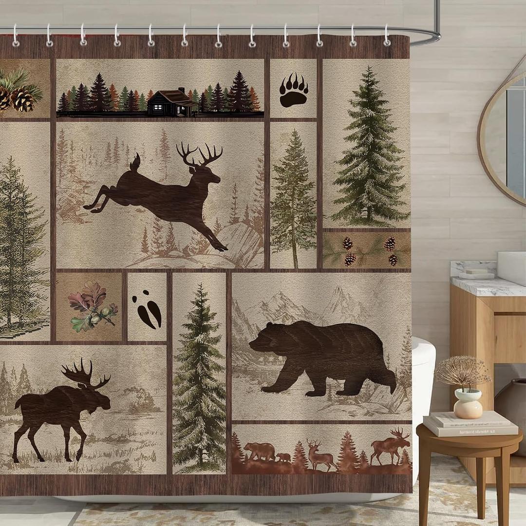 Bonhause Rustic Cabin Shower Curtain, Farmhouse Woodland Bear Deer Country Bathroom Decor 72x84 Inch Polyester Fabric Waterproof Bath Curtain with 12 Hooks
