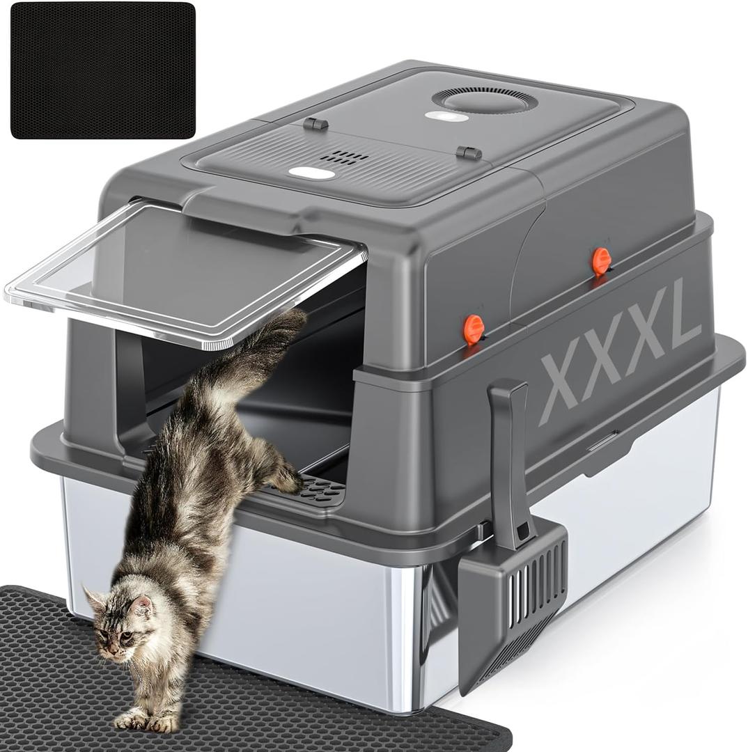 XXXL Extra Large Stainless Steel Litter Box with Lid, 28" L x 20.5" W x 17" H Covered Stainless Steel Litter Box, Suitable for Large Cats and Multiple Cats, Non-Sticky, Anti-Leakage, Easy to Clean (dark grey)