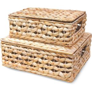 Wicker Storage Baskets with Lids - Set of 2 Rectangular Water Hyacinth Boxes, Natural Decor Organizer, Basket with Top, Multi-Use for Home and Shelf, Hyacinth Decorative Boxes for Effective Storage