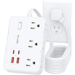 Surge Protector Power Strip with Flat Plug, 10 FT Extension Cord with 6 AC Outlets 4 USB Ports(2 USB-C),1050J Surge Protection, Wall Mountable Charging Station for Office, Home, White