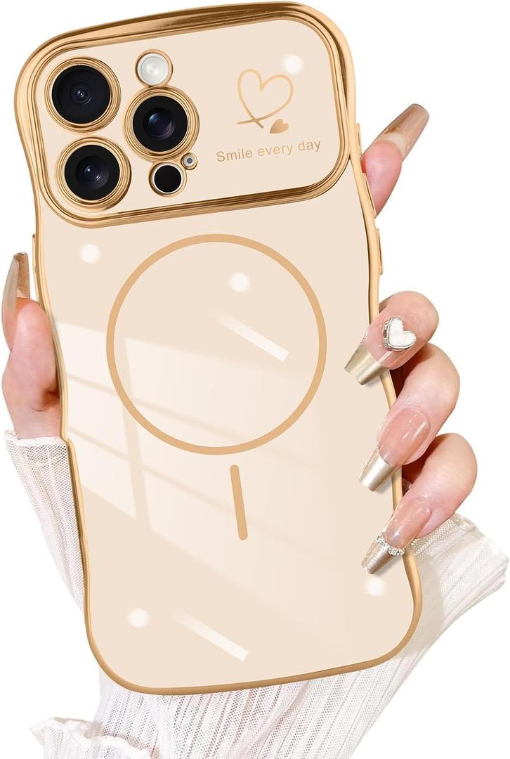 Fiyart Designed for iPhone 16 Pro Max Case, Cute Wave Frame Curly Shape Love Hearts Plating for Women Girls Camera Protection Compatible with MagSafe Magnetic Shockproof Bumper 6.9"-Pink