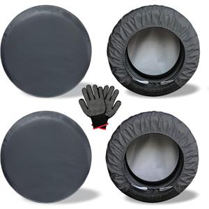 Heavy Duty Rv Tire Covers Set of 4, Tough Waterproof Wheel Covers for Boat Trailer Camper Truck Motorhome Van SUV Jeep Car, Sun Rain Wheel Protecter, 33-35 Inch Tire Diameter, Gloves