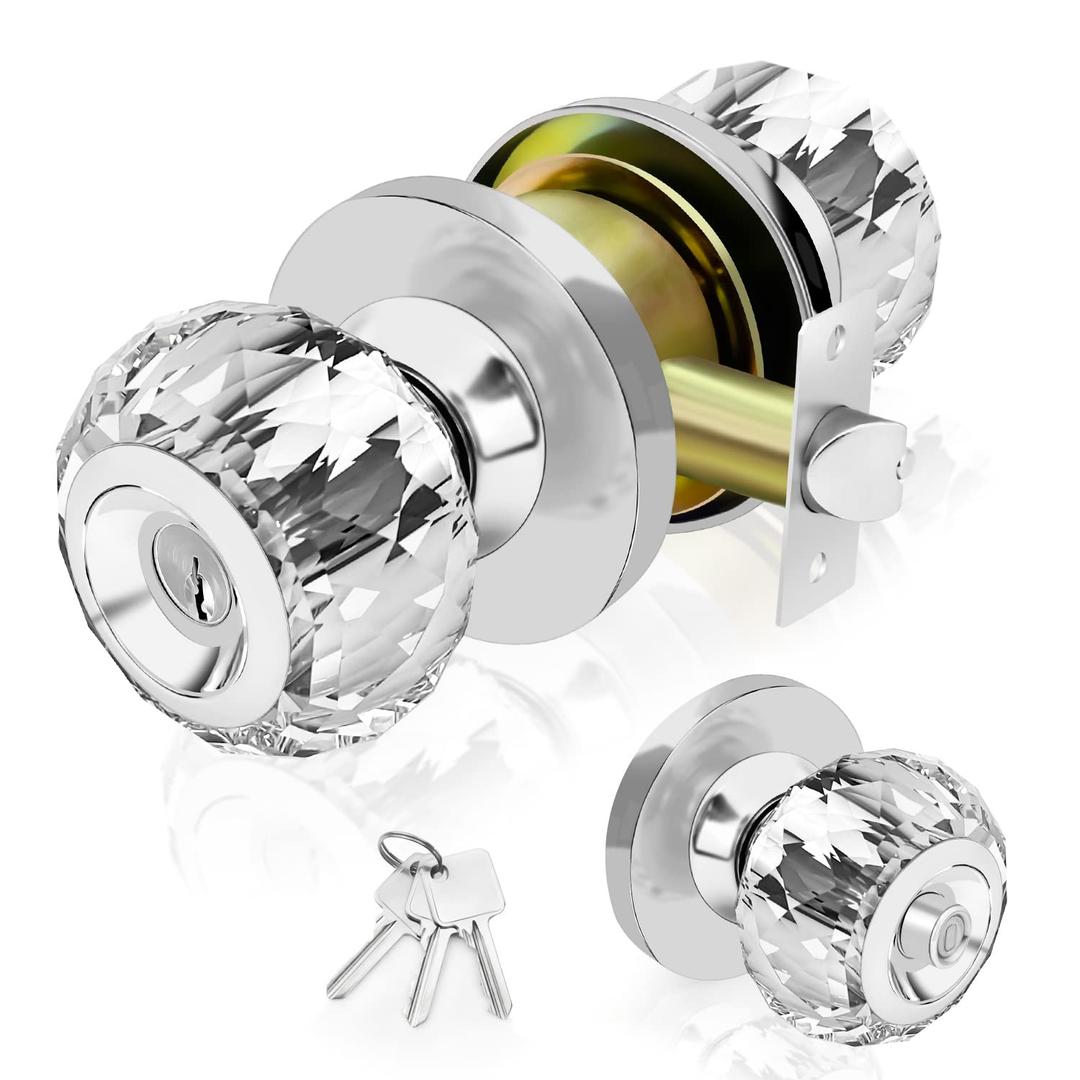 LOQRON Crystal Door Knobs with Lock and Keys, 6 Pack Keyed-Alike Glass Door Knob, Classic Interior Entry Door Knob Lockset with Same Key, Bedroom/Bathroom Privacy Keyed Door Knobs, Satin Nickel