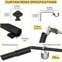 Black Curtain Rods 66 to 120 Inches(5.5-10 Feet),Decorative 3/4 Inch Diameter Drapery Rod Set with Square Finials,Size:36''-120'',Matte Black