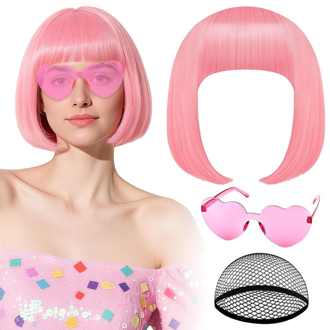 PLULON Bright Pink Bob Wig with Heart Sunglasses and Hair Cap for Women, Short Bob Wigs Synthetic Colored Funny Cosplay Hairpieces for Women Men Neon Bachelorette Halloween Costume Party Decorations