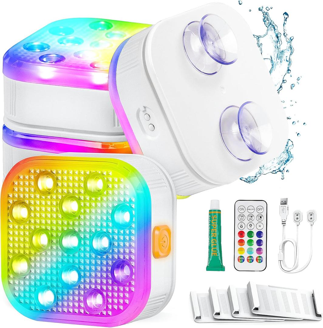 Pool Lights, Rechargeable Submersible LED with Remote, IP68 Waterproof,16 Colors Tub Pool Lights with Glue, Suction Cups for Above Ground Inground Pool Bathtub Pond Party Decoration-4 Pack