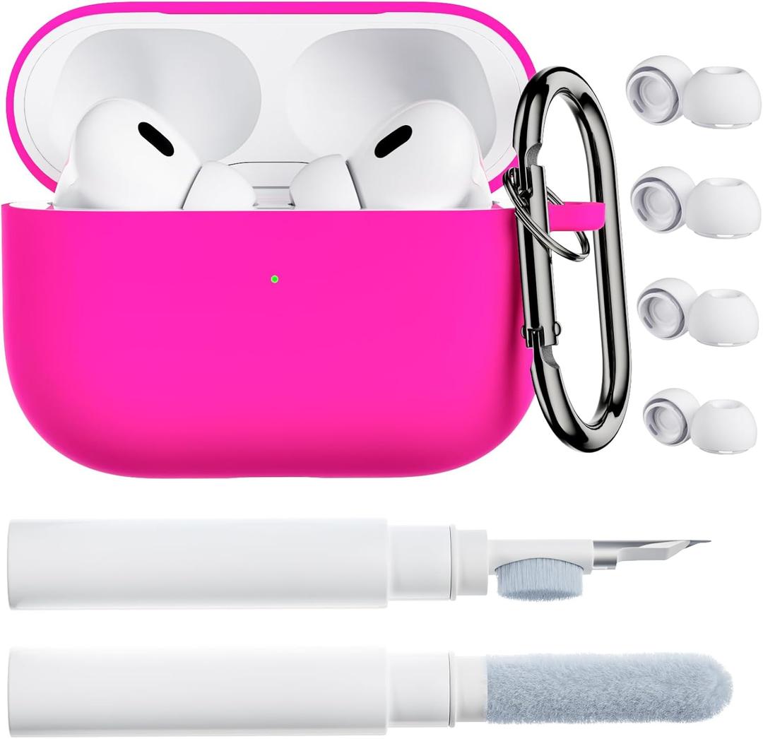 ORNARTO for AirPods Pro 2 Case, Compatible with AirPods Pro 1st/2nd Generation, Soft Silicone Cover with Cleaner Kit, Ear tips Protector & Keychain-Hot Pink