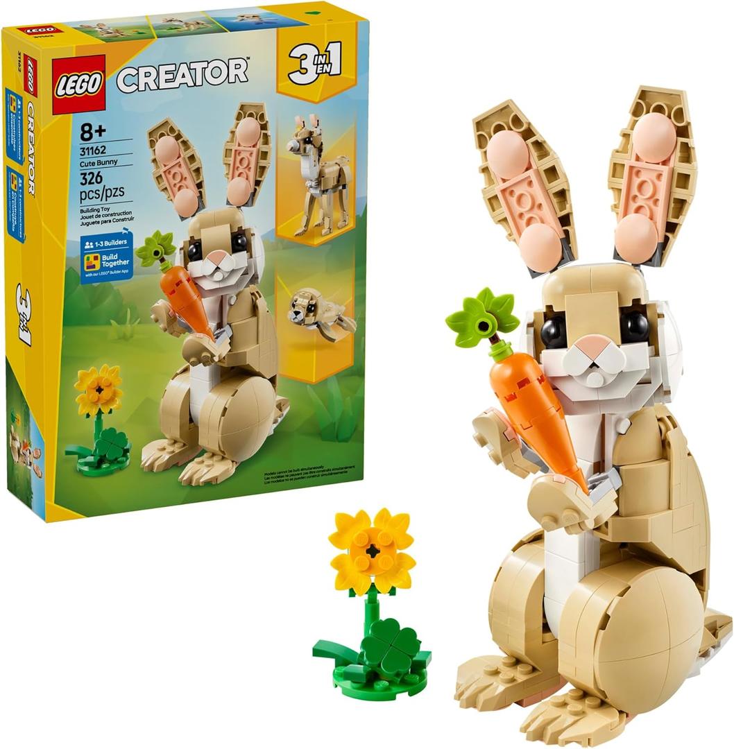 LEGO Creator 3 in 1 Cute Bunny 31162
Building Toy, Girls & Boys, Ages 8+, Choose Your Build W/ 3 Options, 326 pcs, Display in Bedroom or Bookshelf, Gift Idea