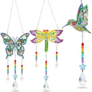 Jetec 3 Pieces Diamond Art Kits Painting Suncatcher Wind Chime Double Sided Crystal Gem Paint by Number Hanging Ornament for Adults DIY Window Home Garden(Dragonfly, Butterfly, Hummingbird)