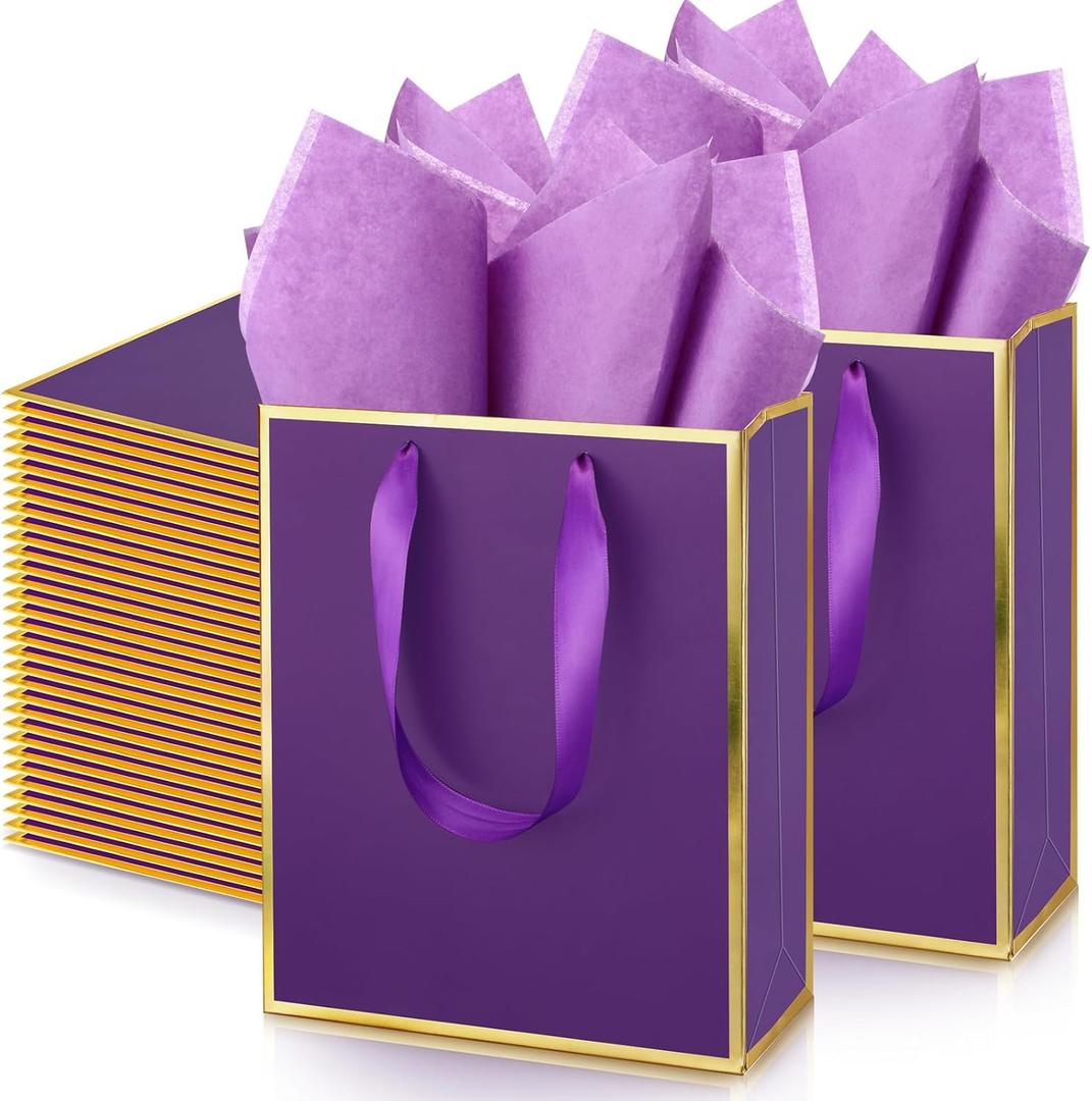 Yeaqee 50 Pack Metallic Gift Bags with Handle and Tissue Paper Gold Foil Welcome Bag for Wedding Guest Fall Party Hotel Guest 5 Senses Gifts Birthday Baby Shower Holiday 9x7x3.15''(Purple Gold)