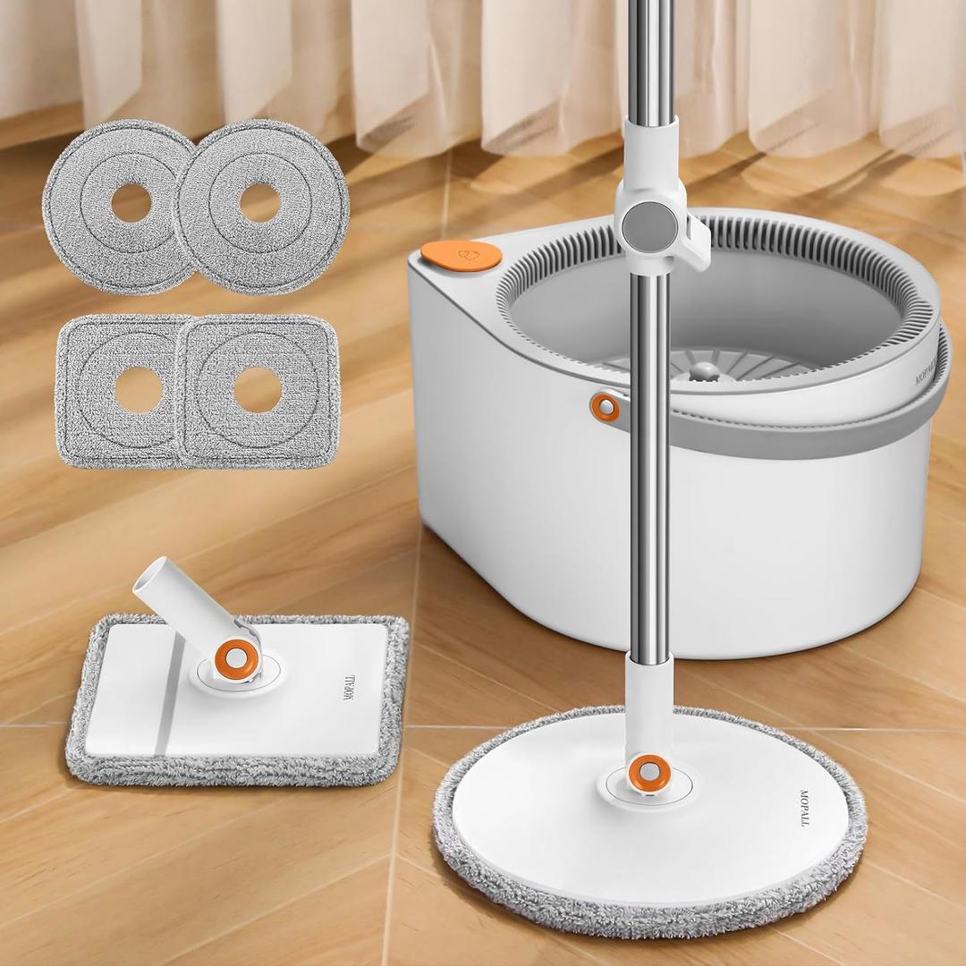 MOPALL Spin Mop and Bucket with Wringer Set for Home, Dual Chambers Dirty and Clean Water Self Separation for Hardwood Floor Wall Window Cleaner (1 Square Mop and 1 Round Mop with 4 Microfiber Pads)