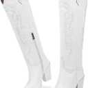 ISNOM Women's Cowgirl Boots Pull On Knee High Boots, Cowboy Western Embroidered Chunky Block Heel Pointed Toes Boots (White), US 8