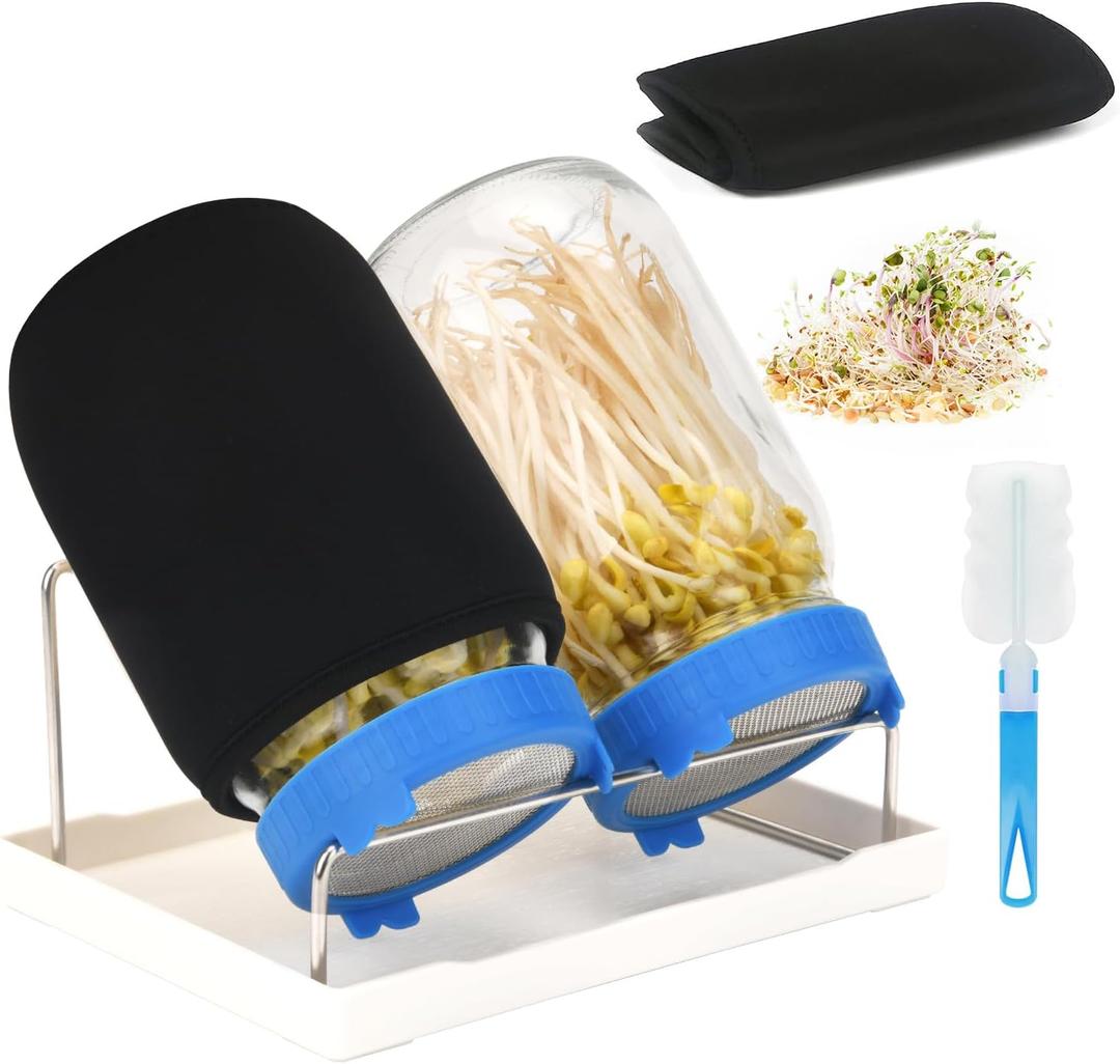 Lulonpon Sprouting Kit, 2 Sprouting Jar Kits, Wide Mouth Quart Mason Jars with Stainless Steel Screen Sprout Lids,1000ml Sprouts Growing Kit, Seed Sprouter Set for Growing Broccoli, Bean, Alfalfa (Blue)