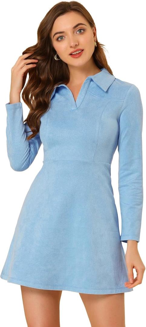 Allegra K Women's Faux Suede Dress Western Long Sleeve Fall A-Line Mini Dresses Cowgirl Outfit (Light Blue)