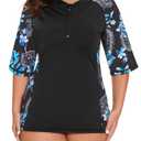LURANEE Plus Size Swimsuit with Sleeves,Short Sleeve Swimsuit with Front Zipper UV Protection Swimwear for Swimming Diving Snorkeling Surfing Blue Floral (Black, XL)