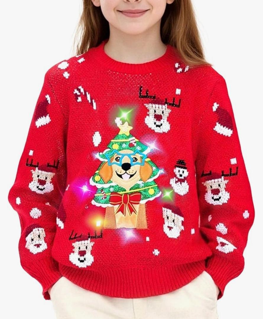 Meland Kids Ugly Christmas Sweater - Light Up Funny Holiday Pullover - Cute Xmas Sweater for Boys & Girls Age 5-16 Year Old, Size M (Ages 8-10)