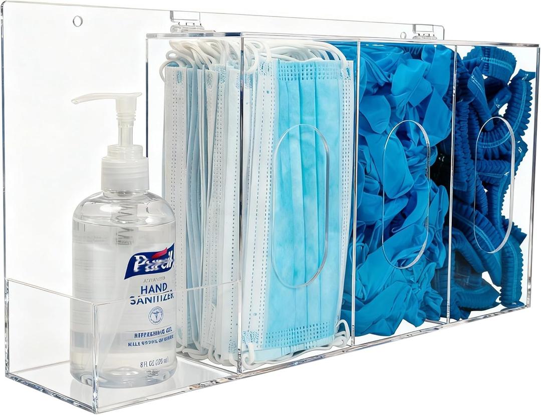 SEANADO Hand Sanitizer and Glove Holder Dispenser with Lid, Clear Acrylic 4 Compartments Hygiene Station for Disposable Face Mask, Shoe Cover, Hairnets - Wall Mount or Tabletop