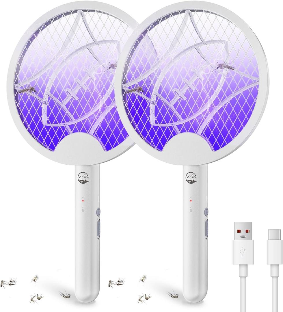 Electric Fly Swatter Racket, Mosiller 2 in 1 Smart Bug Zapper & Power Take Off Generators with USB Rechargeable Base, Powerful Mosquitoes Trap Lamp & Fly Killer for Home, Bedroom (White2 Pack)
