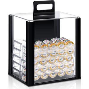 Hiboom 1 Pack Acrylic Poker Chip Case, 1000 Pcs Chips Capacity Chip Trays Set Including Carrier Acrylic Display Case and 10 Pcs Trays Racks Holder (Black)