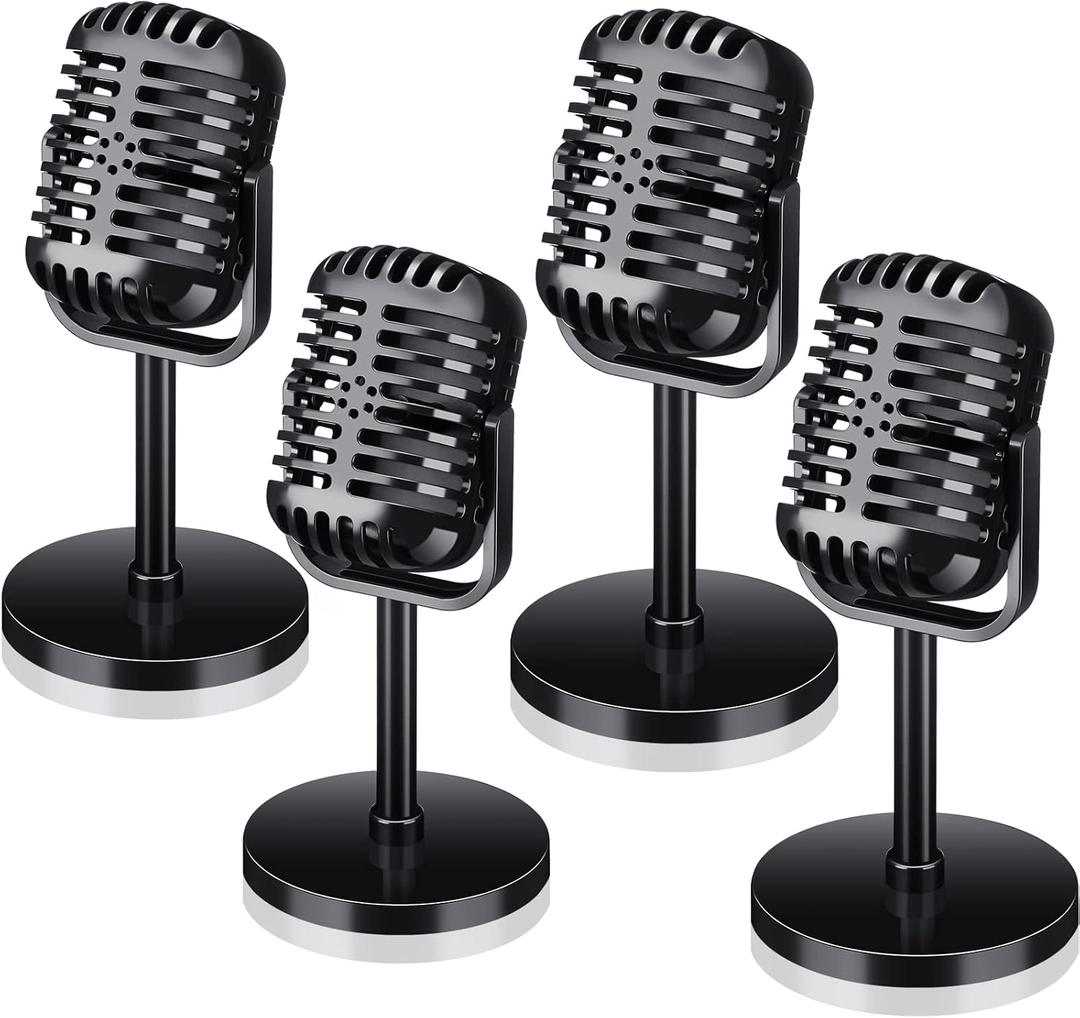 Zubebe 4 Pcs Retro Vintage Microphone Props Fake Microphone Plastic Pretend Mic for Podcast Event Rock and Roll Hip Hop Music Movie Theater Vintage Notorious Birthday Jazz Party Decorations(Black)