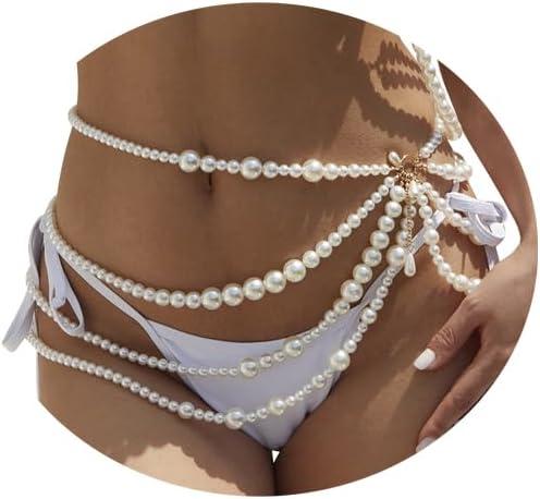 Summer Multi-Layered Long Big Pearl Waist Chain Belt Hip Belly Body Chain Dress Belt for Women