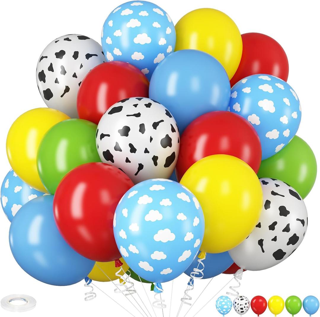 HILAVO Toy Inspired Story Balloons, 12 Inch Cow Print Sky Blue Cloud Balloons Red Blue Yellow Green Balloons for Kids Boys Birthday Party Farm Themed Halloween Party Decorations