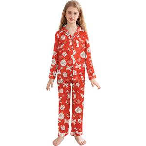 Veseacky Xms Satin Pajama Sets for Girls Silk Button Down PJ Set Silk Sleepwear Birthday Pajamas Gift (Christmas Red, size 10)