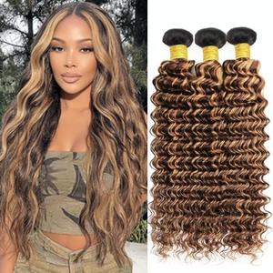 BilltiiWW 1BP427 Deep Wave Bundles Highlight Dark Brown and Blonde Bundles Two Tone Brazilian Hair Extensions Soft and Silky for Black Women 8 10 12 Inch