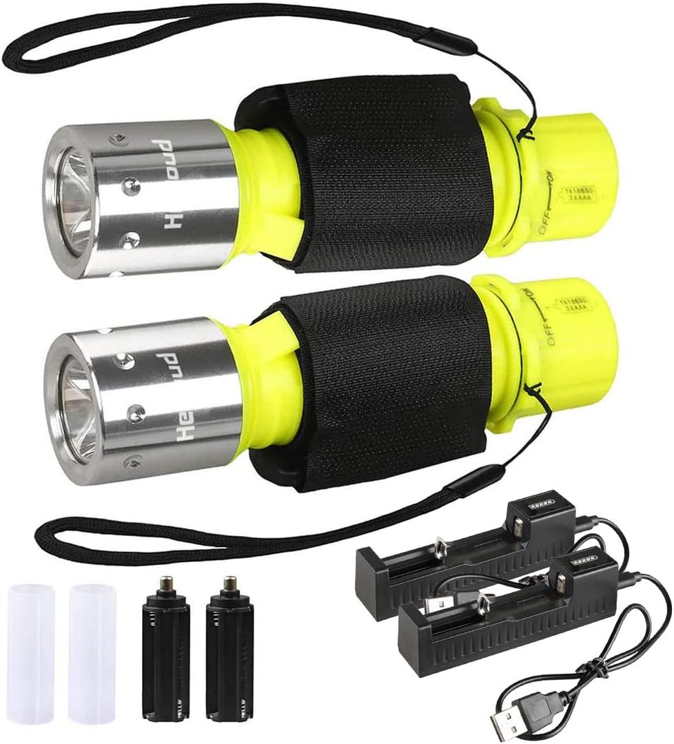 Diving Flashlight with Rechargeable Power Scuba Dive Light IPX8 Waterproof Underwater Flashlight Snorkeling Diving LED High Lumens Torch, 3 Modes with Charger for Underwater Sports (2Pack)